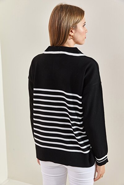 Bianco Lucci Dámský barevný pruhovaný svetr Polo s výstřihem