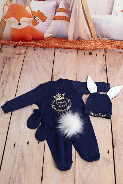 lohusahamile Isme Özel Tavşanlı Lacivert Gold Tac Nakışlı Hastane Çıkışı 3lü Set