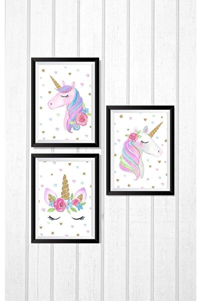 NT Handmade 3 Parça Çerçeve Görünümlü Unicorn Duvar Dekoru Salon Oturma Yatak...
