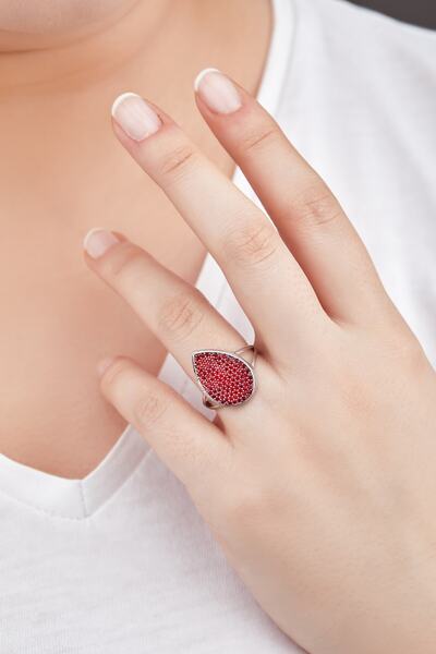 Omorfi Silver Garnet Taşlı (LAL TAŞI) 925 Ayar Gümüş Büyük Damla Yüzük