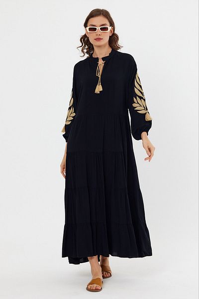 AYASOFYA OTANTIK Rochie de damă, neagră, cu mâneci, broderie cu frunze, cu șireturi, cu guler