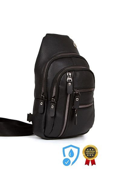 Adelina Bags Geantă de piept și umăr din piele neagră unisex cu port USB pentru căști și geantă de corp cu curele încrucișate