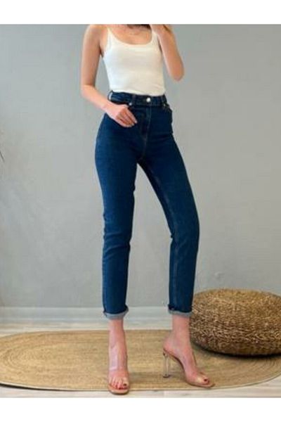 Trn JNS Blugi mom slim cu talie înaltă din lycra spălat albastru închis