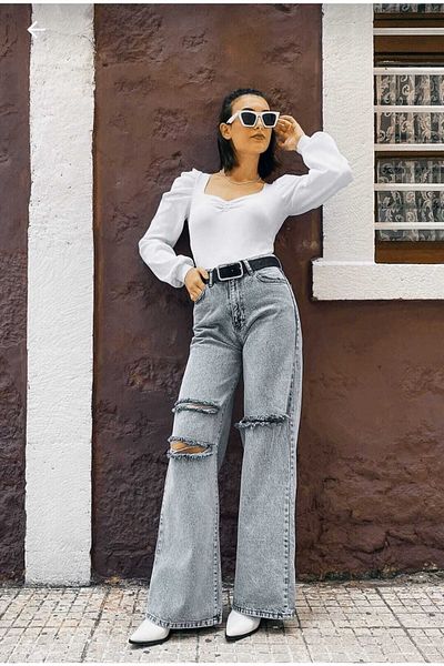 Trn JNS Pantaloni largi S.o.l.m.a.z Blue Snow Wash cu talie super înaltă. (Super High) Picior lat