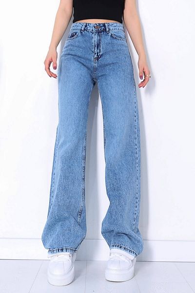 Trn JNS Blugi din denim cu talie super înaltă, albastru deschis din lycra, pentru femei Pantaloni Palazzo