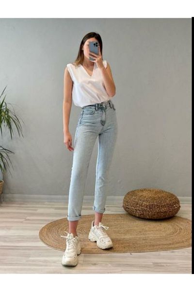 Trn JNS Ice Blue Snow Wash Lycra Blugi Mom Slim cu talie înaltă