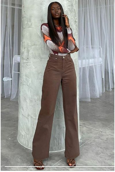 Trn JNS Καφέ Lycra Super High Waist Loose Jeans Palazzo Παντελόνι. (super High) Φαρδύ πόδι