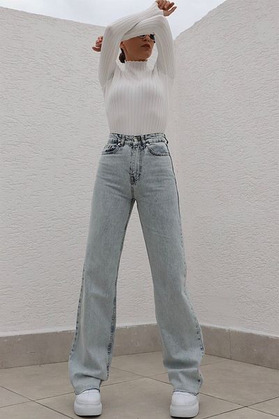 Trn JNS Blugi de damă Quinn Lycra, albastru gheață, cu talie super înaltă, cu picioare largi, pantaloni Palazzo