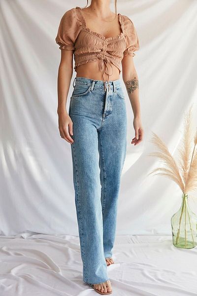 Trn JNS Blugi cu talie super înaltă din Lycra albastră Blugi cu picioare largi Pantaloni Palazzo