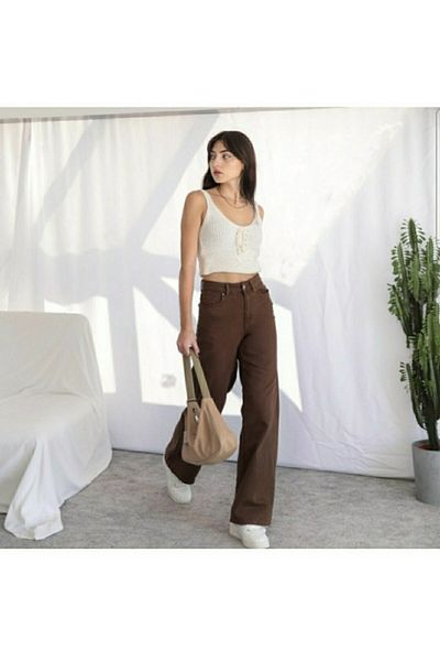 Trn JNS Σούπερ Ψηλόμεσο Καφέ Lycra Palazzo Jeans - Φαρδύ πόδι