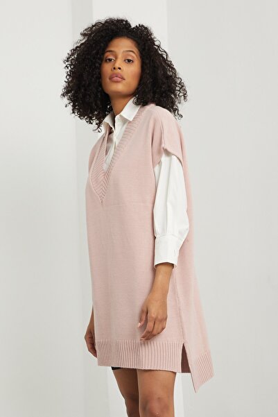 ALTINER TRİKO Kadın Pudra V Yaka Uzun Süveter