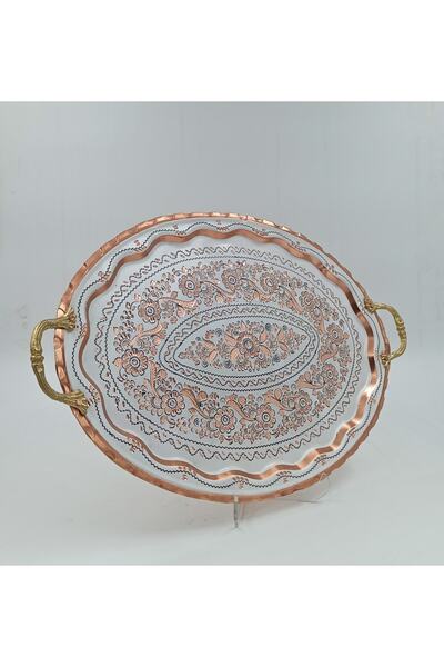 KAYSERİ BAKIRCILIK Copper Tray, Oval, Erzincan Embroidered Large White for 6 Persons