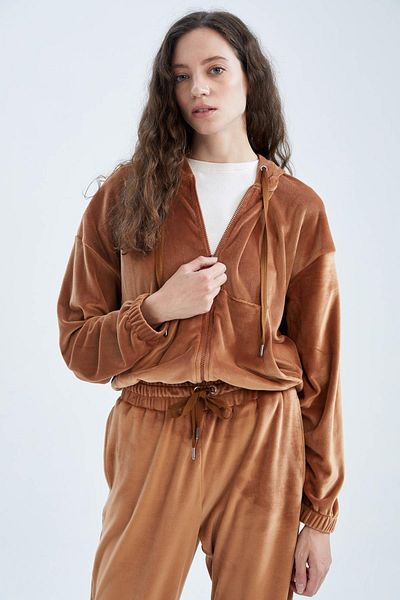 DeFacto Regular Fit Hooded Velvet Cardigan