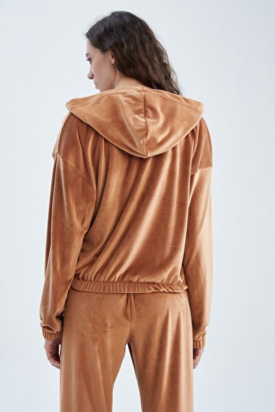 DeFacto Regular Fit Hooded Velvet Cardigan