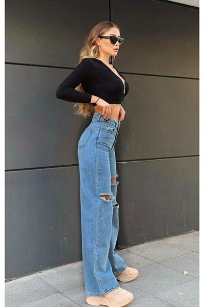 Trn JNS Blugi largi cu talie super înaltă, albastru închis, pantaloni Palazzo (Power Lycra)