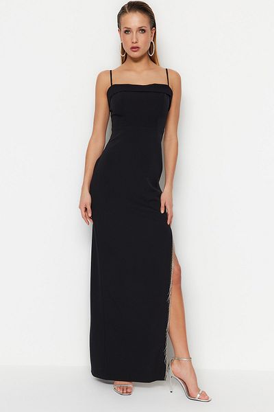 Trendyol Collection Μαύρο βραδινό υφαντό γυαλιστερό με κοσμήματα μακρύ φόρεμα TPRSS23AE00062