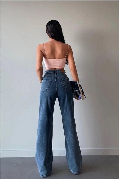 LİMABEL Lucia Gold Allstar Ikon Medium Snow Blue Loose Denim Trousers Blue Snow Lycra Palazzo