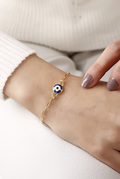Lia Berto Altın Kaplama Ataş Zincirli Mineli Nazar 925 Ayar Gümüş Bileklik