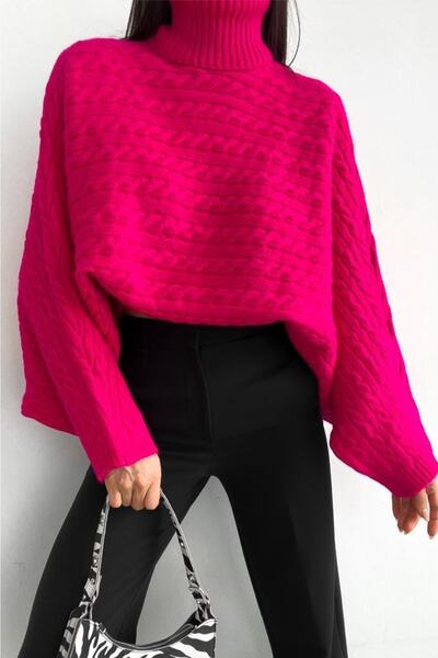 FEMELLE Women's Fuchsia Turtleneck Sweater Bat Sleeve Sweater