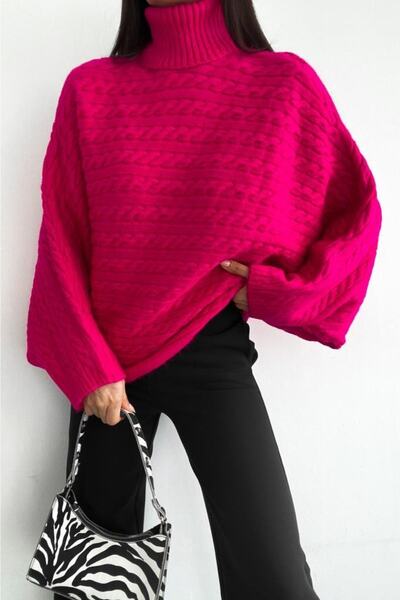 FEMELLE Women's Fuchsia Turtleneck Sweater Bat Sleeve Sweater