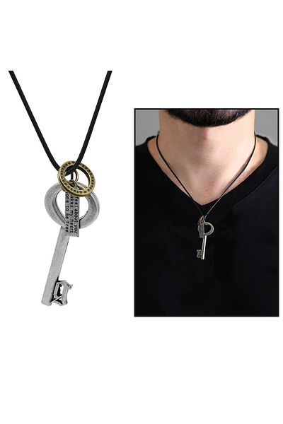 Tesbihane Authentic Key Design Adjustable Rope Chain Solid Brass Men's Necklace