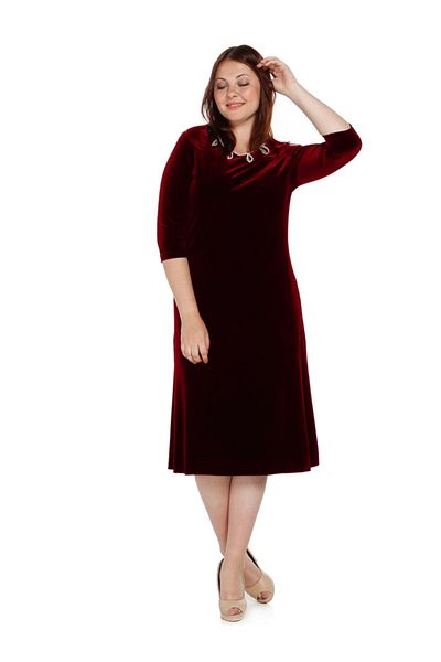 Nidya Moda Plus Size Women's Burgundy Pearl Embroidered Velvet Evening Dress-4072b