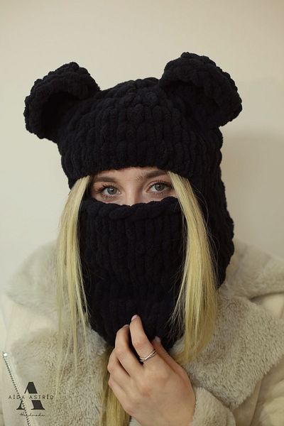 AidaAstrid Snow Mask Puffy Beanie Animal Figure Hat Bear Eared Black Beanie Ski & Snowboard Balaclava