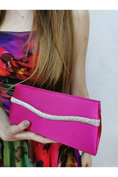 NAZART Women's Satin Fuchsia Stone Evening Dress Clutch Portfolio Handbag Wedding Engagement Bag