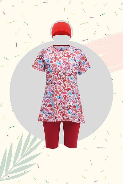 Ruko Maio Child Red Patterned Half Sleeve Flexible and Quick-Drying Fabric Swimsuit