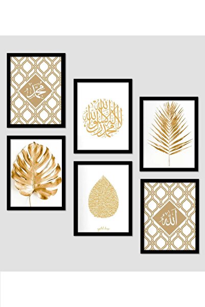 NT Handmade 6 Parça Gold Allah Muhammed Yazılı Duvar Dekoru Salon Oturma Yata...