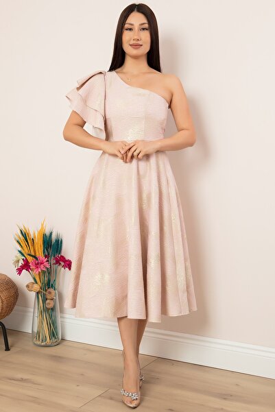 PULLIMM Ασημί φόρεμα με έναν ώμο με λεπτομέρεια βολάν 13408