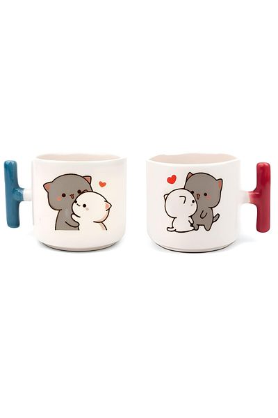 GünayStore Cute Character Printed Lover Couple Mug with Colorful T Handle