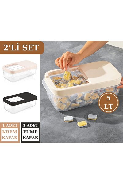 Flosoft 5 Lt Un Bakliyat Erzak Saklama Kabı Deterjan Kutusu 2’li Set Füme+krem