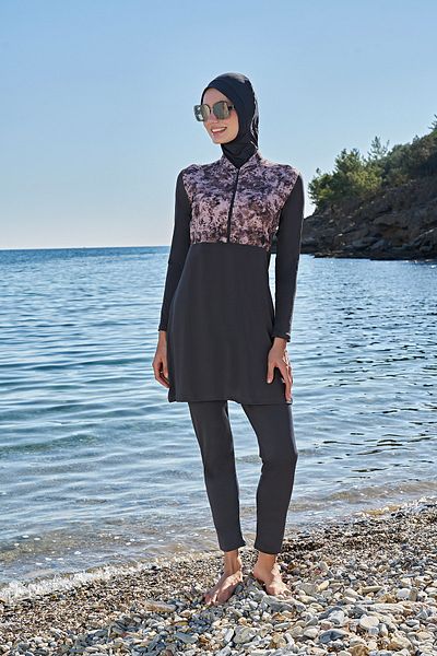 Ruko Maio Rukomayo Anthracite με φερμουάρ με λουλουδάτο μοτίβο με όρθιο γιακά Micro-lycra (εύκαμπτο και υδατοαπωθητικό) μαγιό Hijab