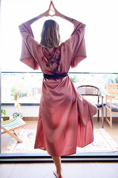 Mita Concept Dried Rose Satin Bat Sleeve Kimono