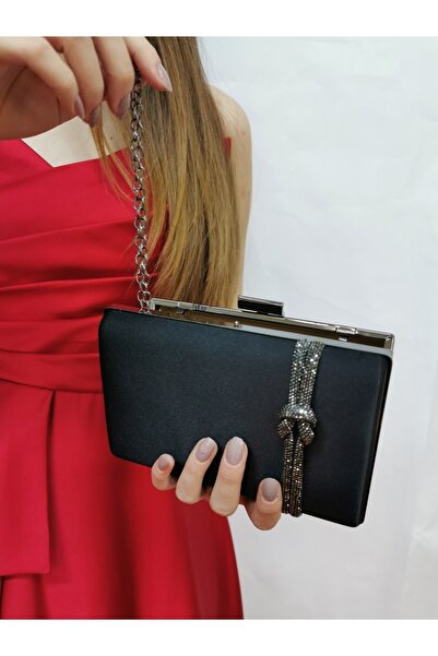 NAZART Γυναικείο βραδινό φόρεμα από σατέν μαύρη πέτρα Clutch Portfolio Hand Night Wedding Bag