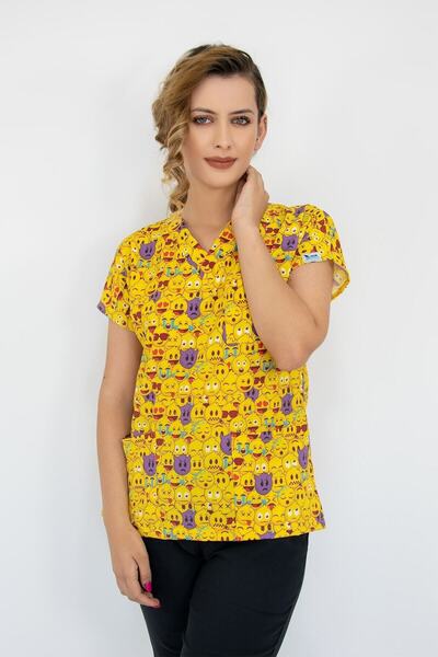 Nur Medikal Giyim Emoji Desenli Dijital Baskı Üst Forma