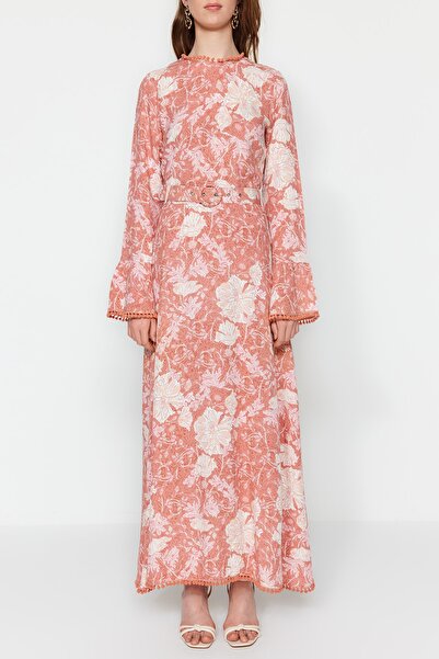Trendyol Modest Φόρεμα υφαντό με μοτίβο λουλουδιών αποξηραμένο τριαντάφυλλο TCTSS23EB00189