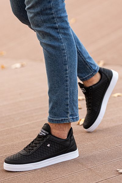 BOUIS Men's Black White Casual Lace-Up Leather Anti-Sweat Flexible Sneaker Breathable Sports Shoes