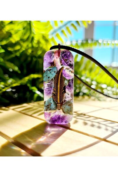 Singincraft Ametist - Turkuaz - Bronz Zümrüdüanka Tüyü Orgonit Kolye (EL YAPI...