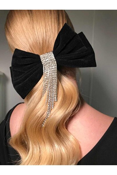 ecrin tuhafiye hobi Siyah Kadife Taşlı Otomatik Fiyonk Toka