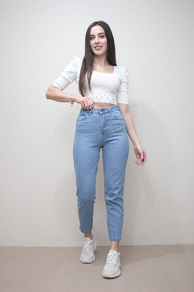 Trn JNS Irson Albastru deschis Colorfast Mom Jean Femei Boyfriend Pantaloni Power Lycra cu talie înaltă