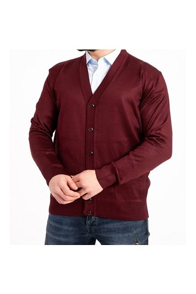 Fresh&Moda Ανδρική πλεκτή μπορντό λεπτή μάλλινη πλεκτή ζακέτα μπαμπάς με τσέπες