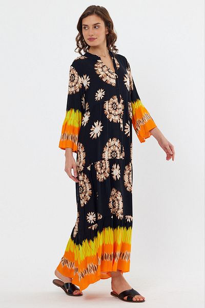 AYASOFYA OTANTIK Rochie de damă, neagră, cu model, cu guler cu plăcuță, detaliată cu nasturi