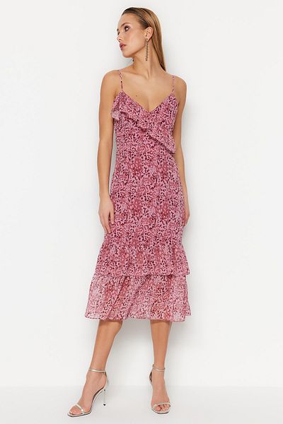 Trendyol Collection Vícebarevné dvouřadé elegantní večerní šaty s podšitým šifonem TPRSS23EL00170