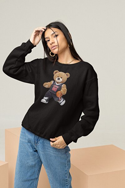 Serbella Basketbol Teddy Bear Ayicik Baskılı Siyah Unisex Oversize Sweatshirt