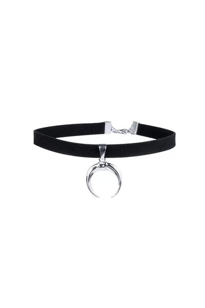 Köstebek Gothic Punk Hilal Ay Kadife Choker Tasma Kolye