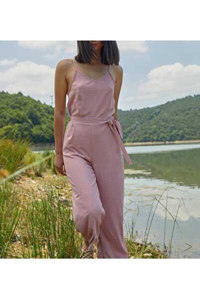 Genel Markalar Ince Askılı Viskon Tulum Pudra