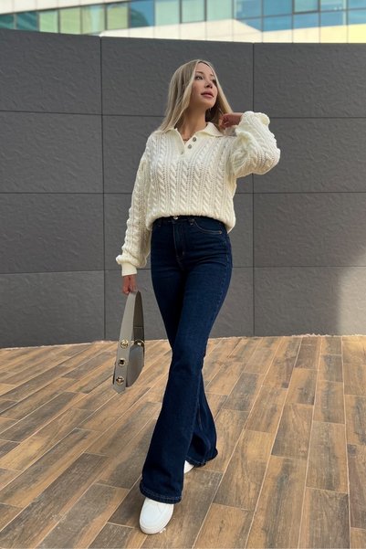 LİMABEL High Waist Navy Blue Flared Leg Denim Trousers Lycra Flexible Jeans
