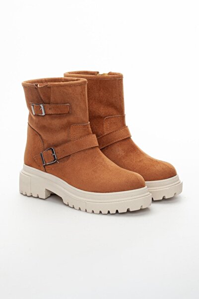 LULO Kadın Taba Süet 5cm Kalın Platform Tabanlı Tokalı Spor Şık Çekme Bot